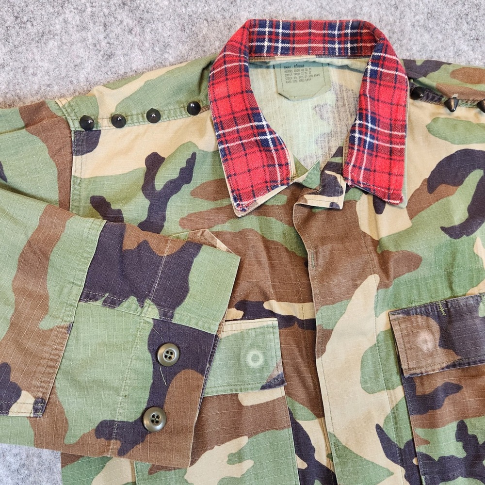Military Camouflage Jacket Plaid Collar‎ Patch Button Up Army Style Mens Pockets